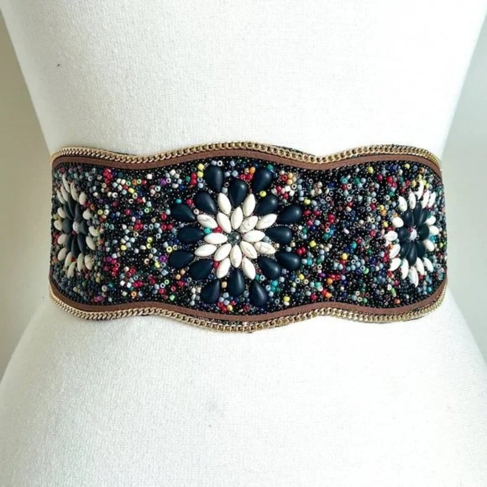BERLIN VI Stunning Boho Gypsy Western Beaded Belt Size S/M (23" to 36")